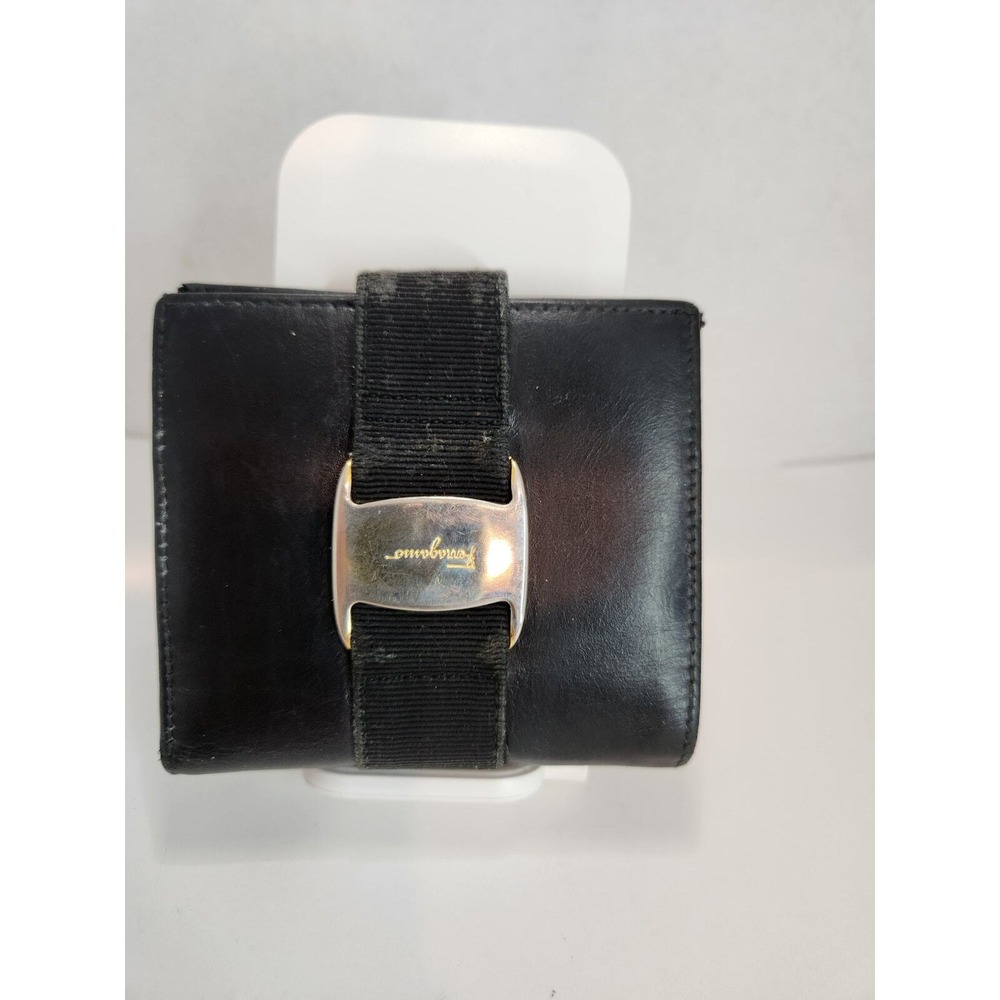 Salvatore Ferragamo Vara Black Leather Compact Bifold Wallet Coin Purse